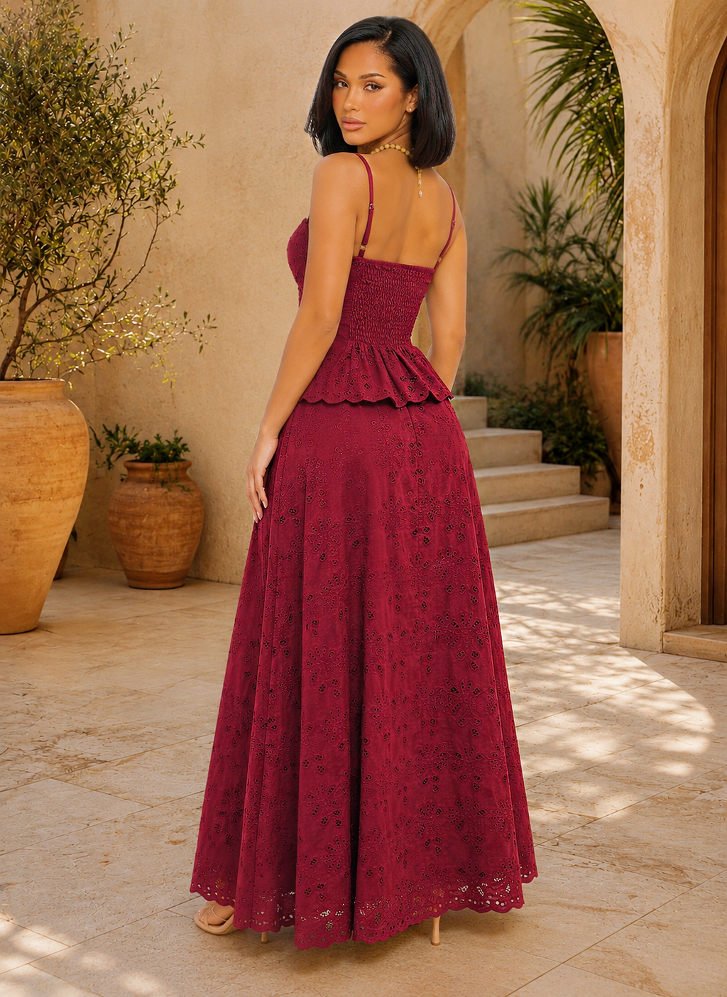 Burgundy Eyelet Corset Top & Maxi Skirt Set