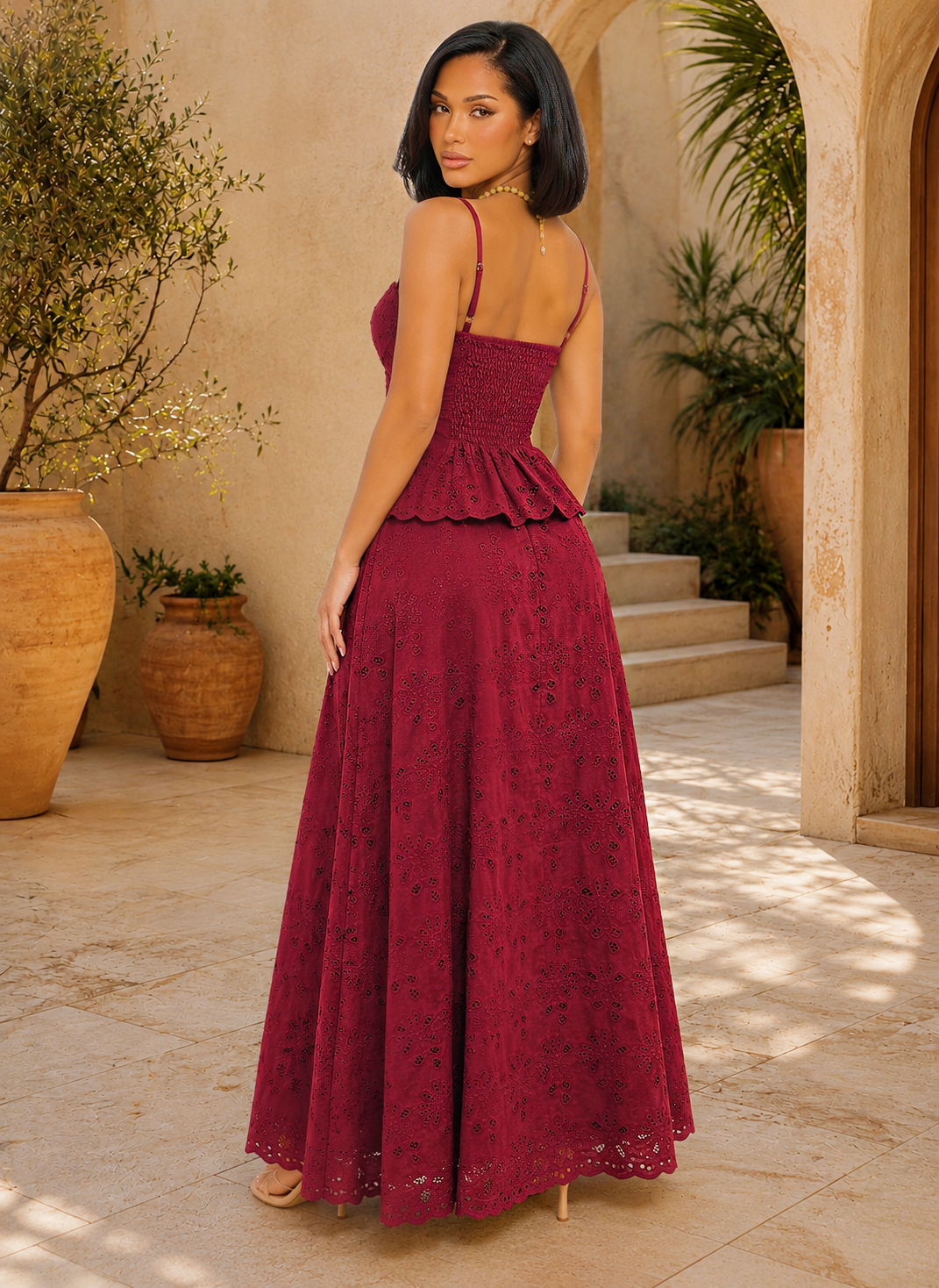 Burgundy Eyelet Corset Top & Maxi Skirt Set