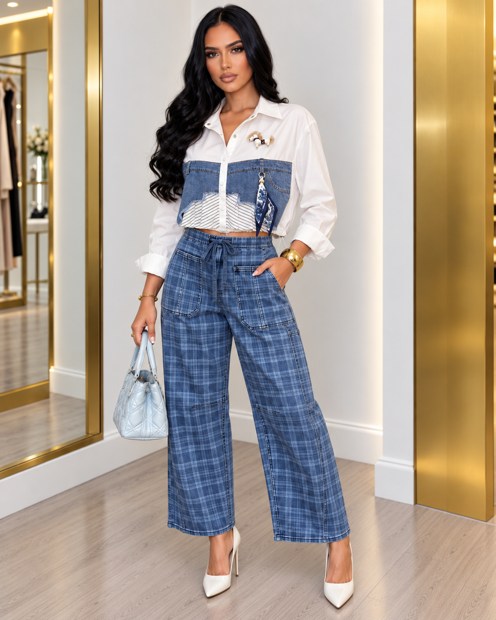 Denim Muse Plaid Wide Leg Jeans