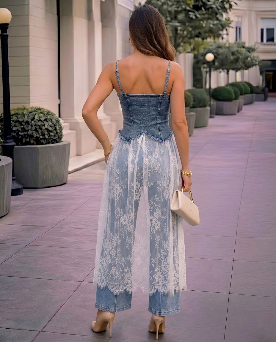High Structured Denim Top – Chic Zip-Up Style Lace Embellished