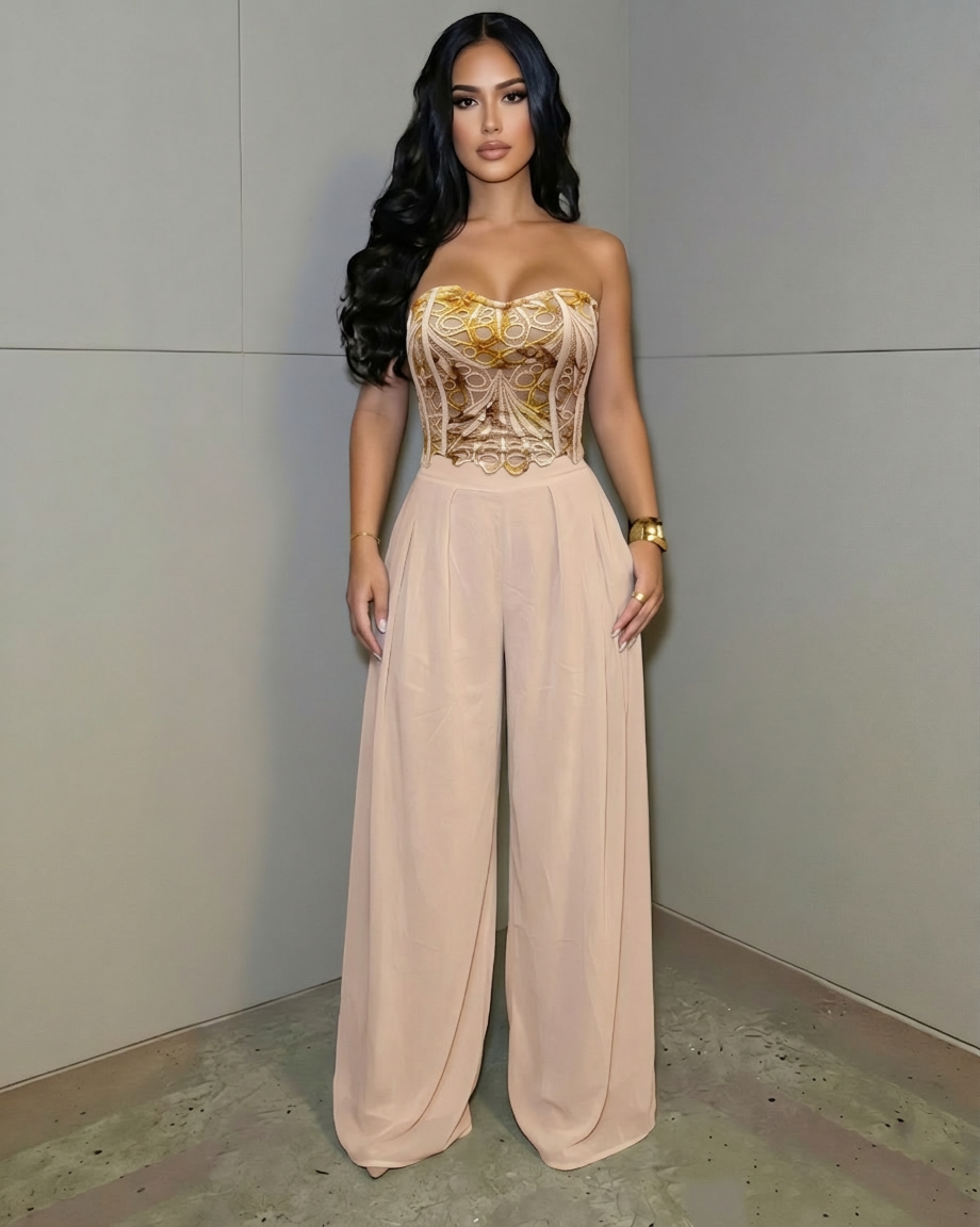 Blush Crochet Corset & Chiffon Pants Set – Strapless Elegant Two-Piece Outfit