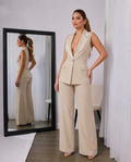 Sleeveless Tailored Blazer & Wide Leg Pants Set – Beige