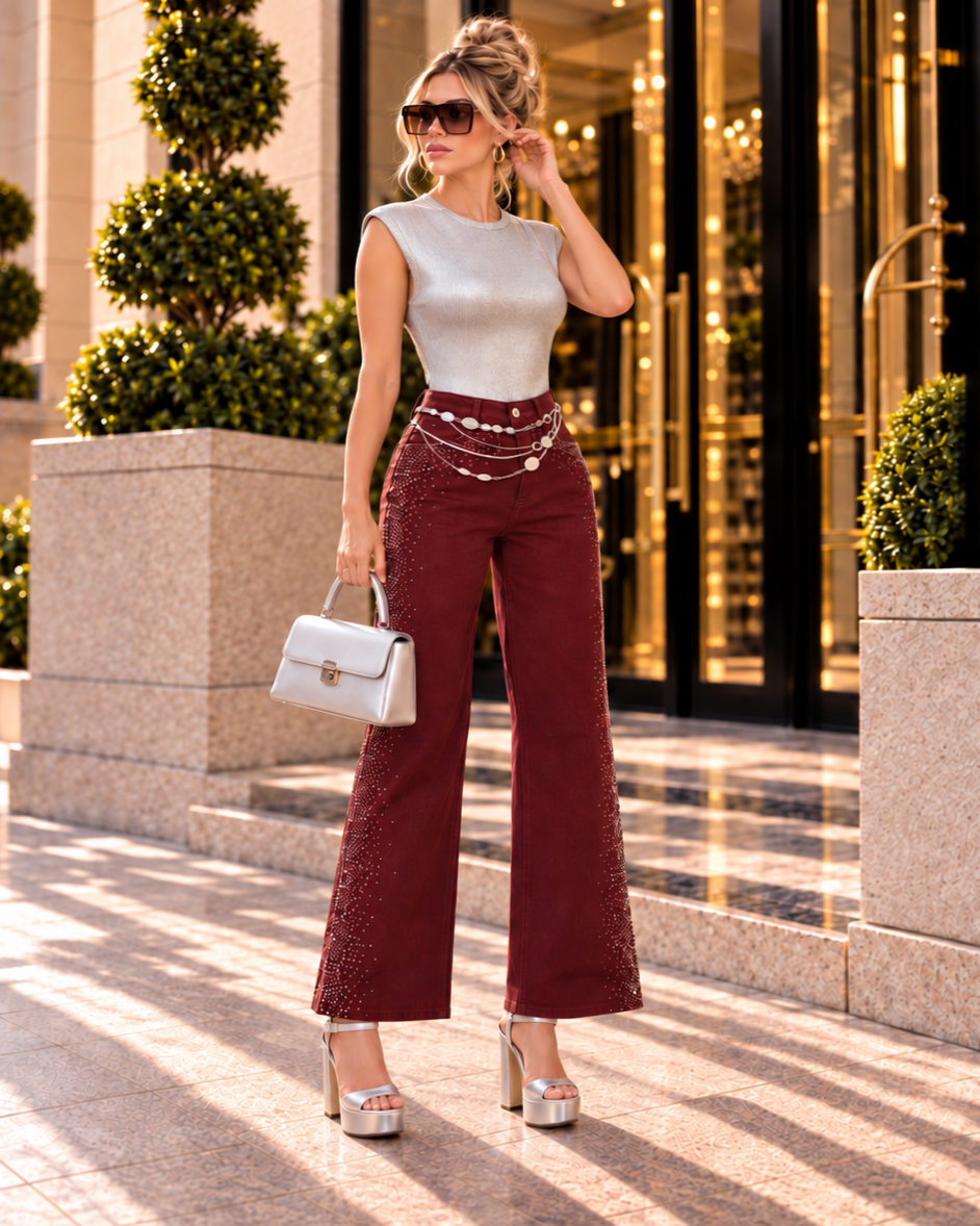 Burgundy Spark Glam Statement Denim Pants With Mid Rise Fit And Stretch For Women