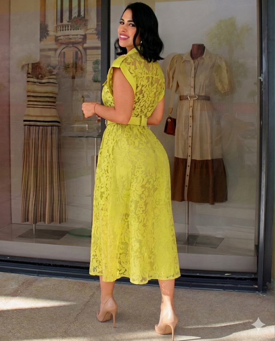 Lime Yellow Lace Belted Midi Dress – Elegant Button Front Summer Dress