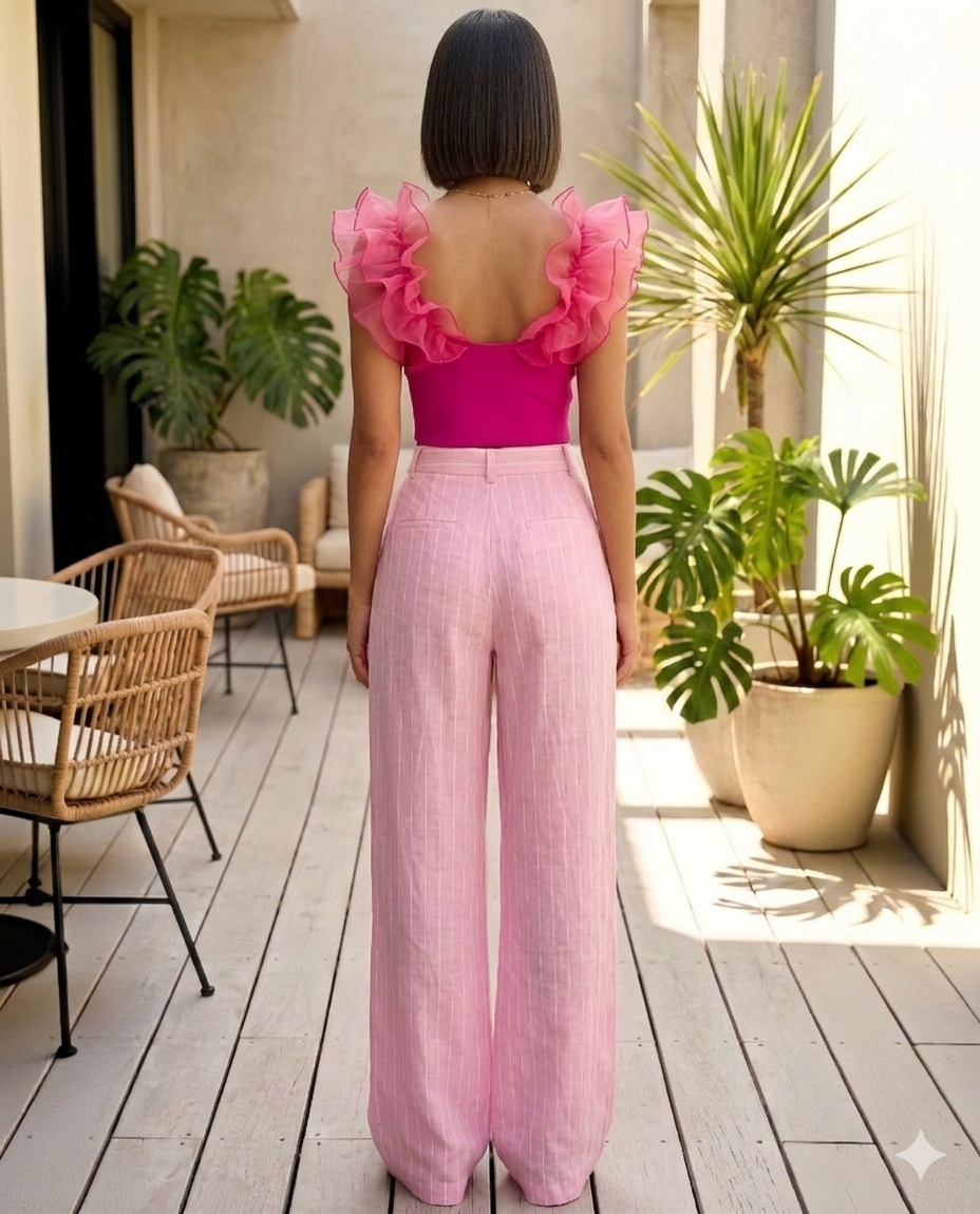 LinenLuxe Pink Striped Linen Wide Leg Pants - Breathable 100 Percent Linen Comfort