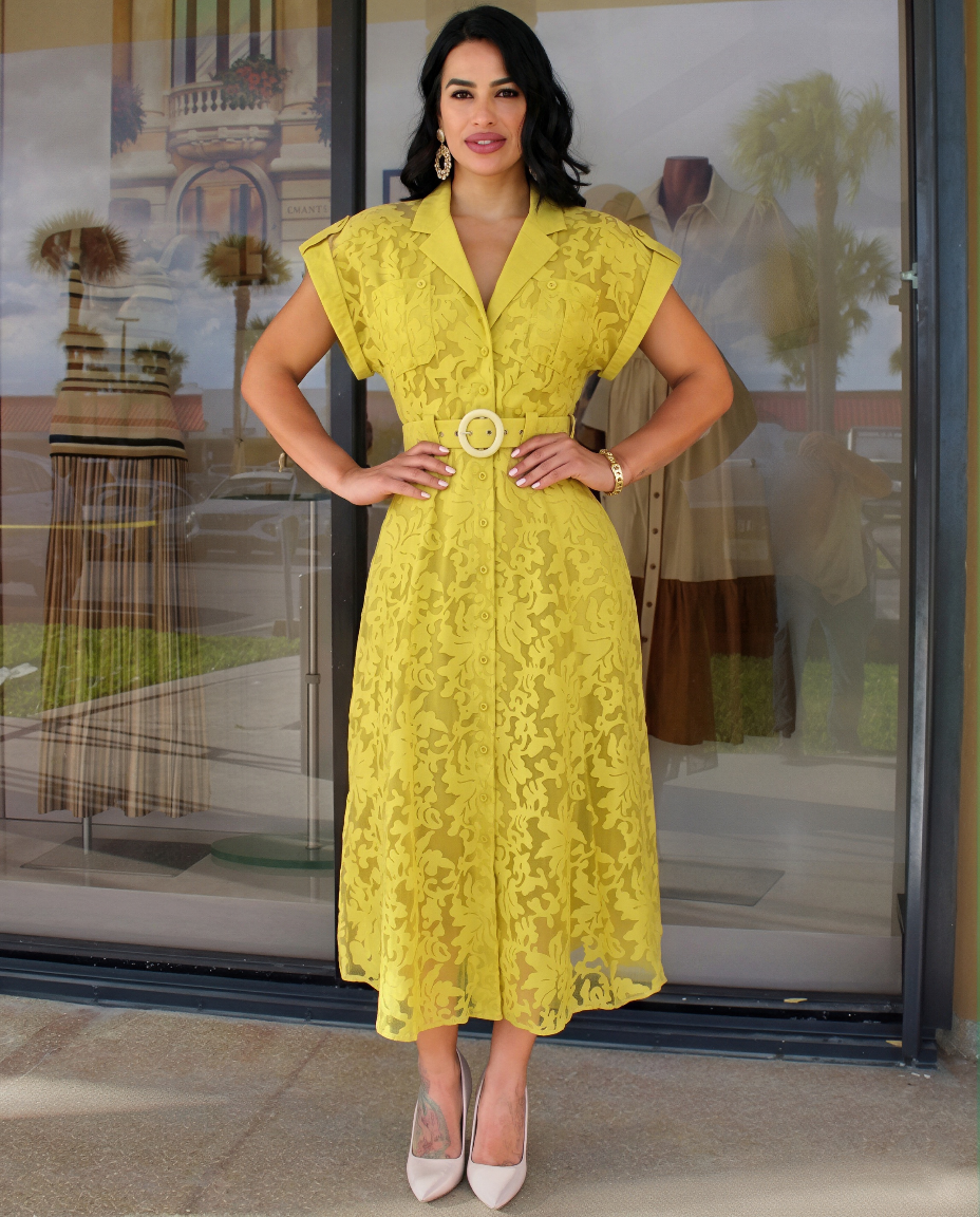 Lime Yellow Lace Belted Midi Dress – Elegant Button Front Summer Dress