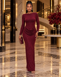 Bordeaux After Dark – Shimmer Draped Maxi Dress