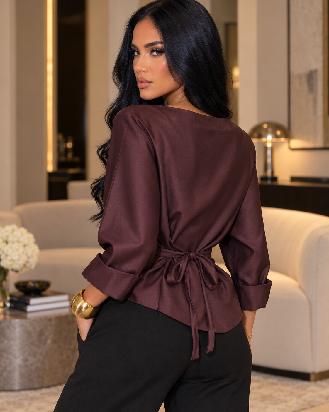 Burgundy Satin Draped Wrap Blouse – Elegant Long Sleeve Top