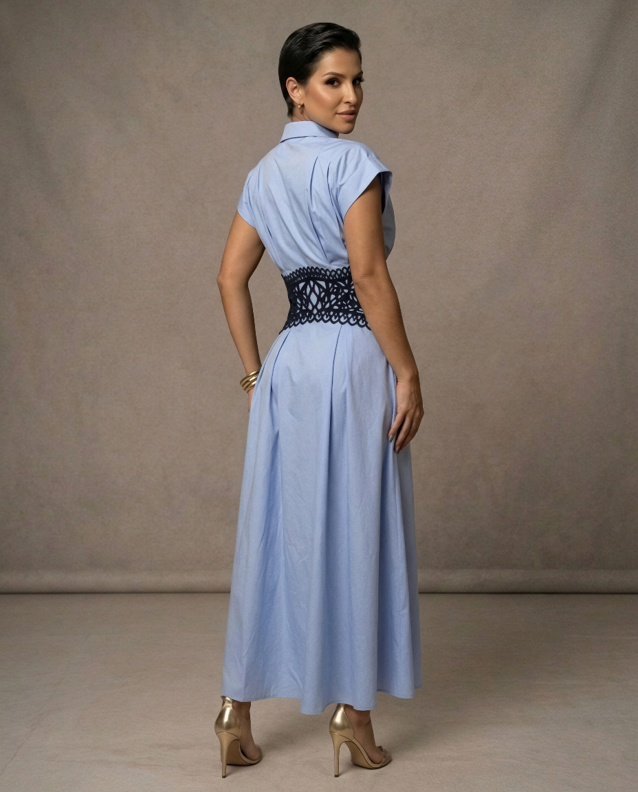 Monaco Bleu Shirt Maxi Dress – Sculpted Waist Corset Belt Dress