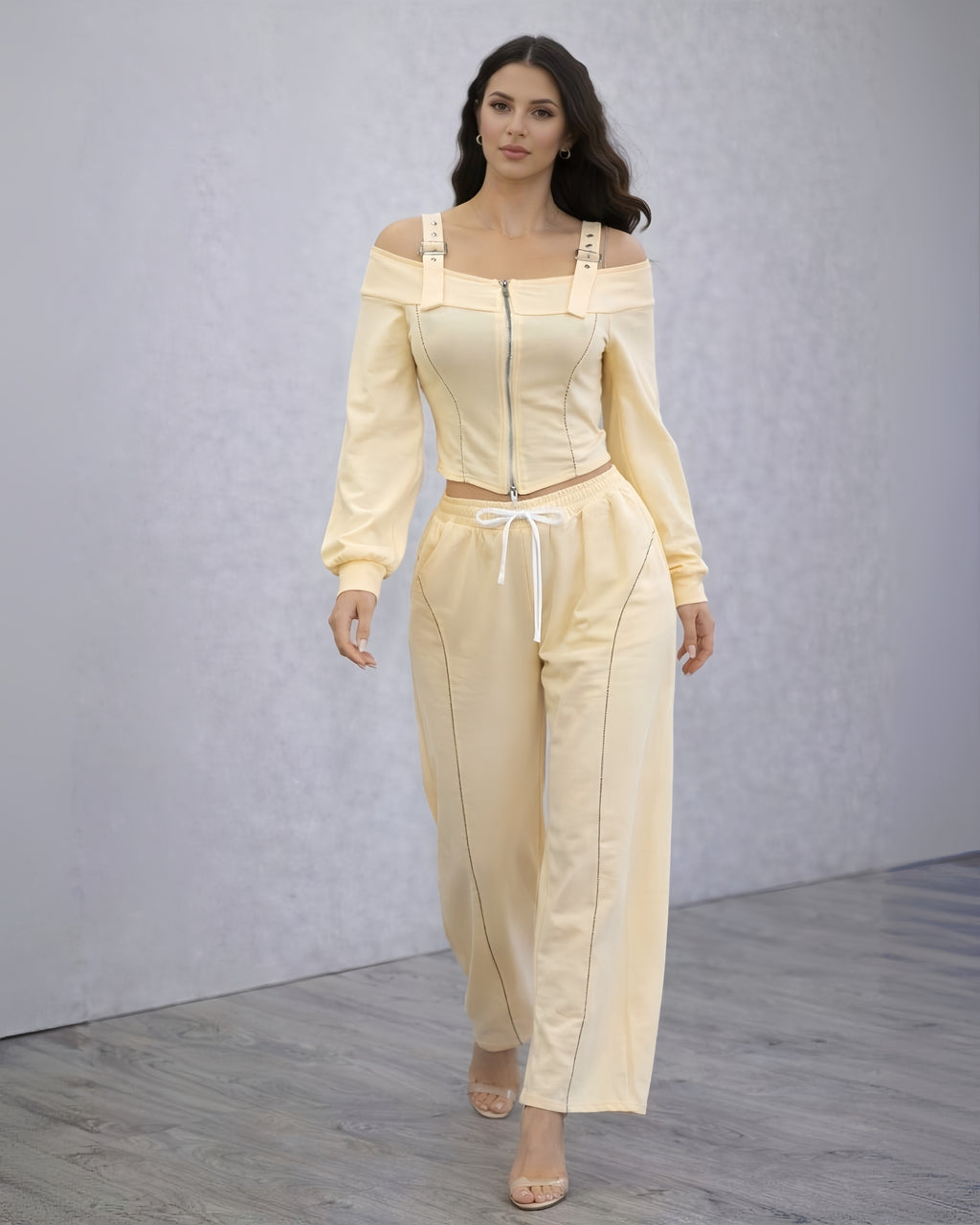 Butter Yellow Two Piece Off Shoulder Zip Front Top And Wide Leg Pants Set With Stretch Fabric