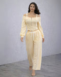 Butter Yellow Two Piece Off Shoulder Zip Front Top And Wide Leg Pants Set With Stretch Fabric