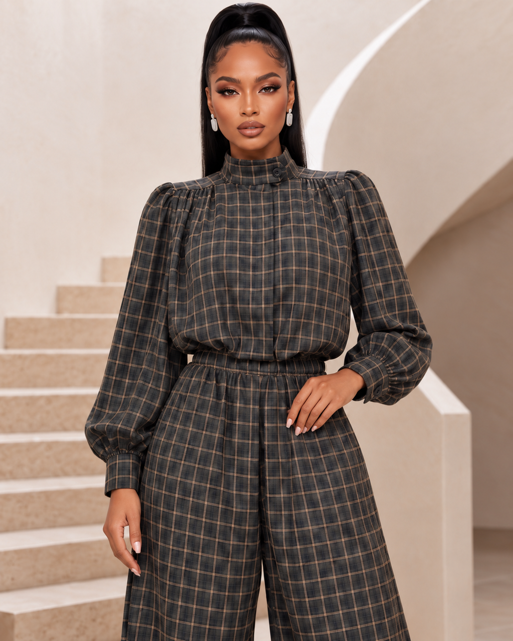 Charcoal Plaid High-Neck Blouse & Balloon Pants Set