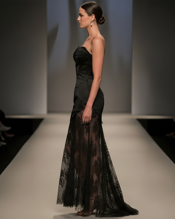 Elegant Black Strapless Maxi Dress with Lace Skirt