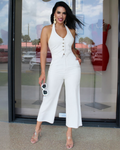 Chic Wardrobe White Halter Jumpsuit Cropped Wide Leg - 100 Percent Cotton No Stretch Adjustable Waist Evening Chic