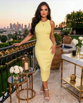 Butter Yellow Ribbed Bodycon Midi Dress – Elegant Sleeveless Sculpting Dress