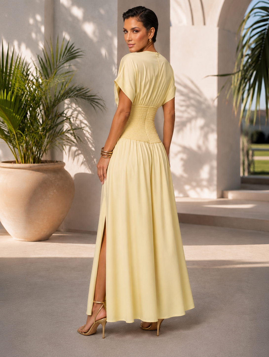 Butter Yellow Smocked Waist Maxi Dress with Flutter Sleeves