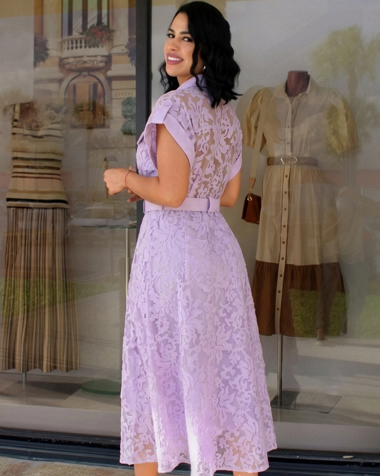 Lavender Lace Belted Midi Shirt Dress – Elegant Button Front Dress