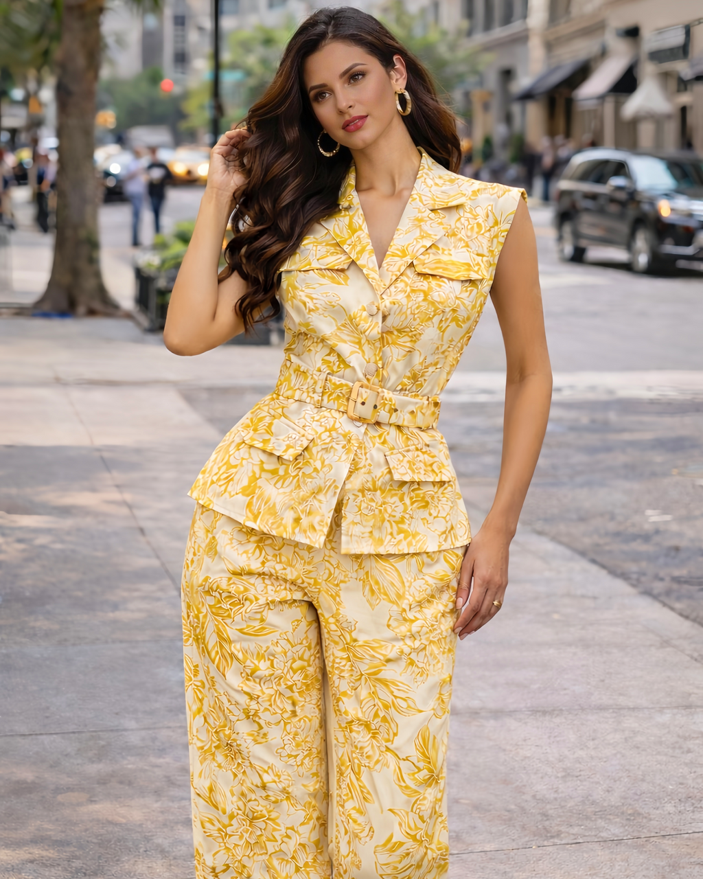 Yellow Floral Belted Two-Piece Pants Set – Elegant Sleeveless Tailored Outfit