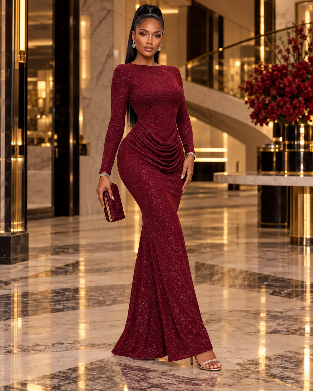 Bordeaux After Dark – Shimmer Draped Maxi Dress