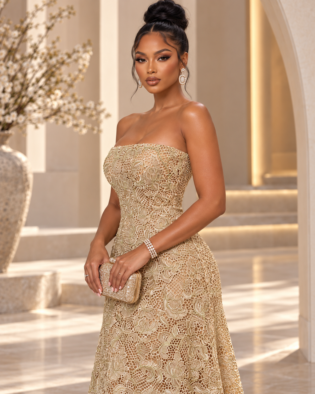 Blush & Gold Embroidered Evening Dress