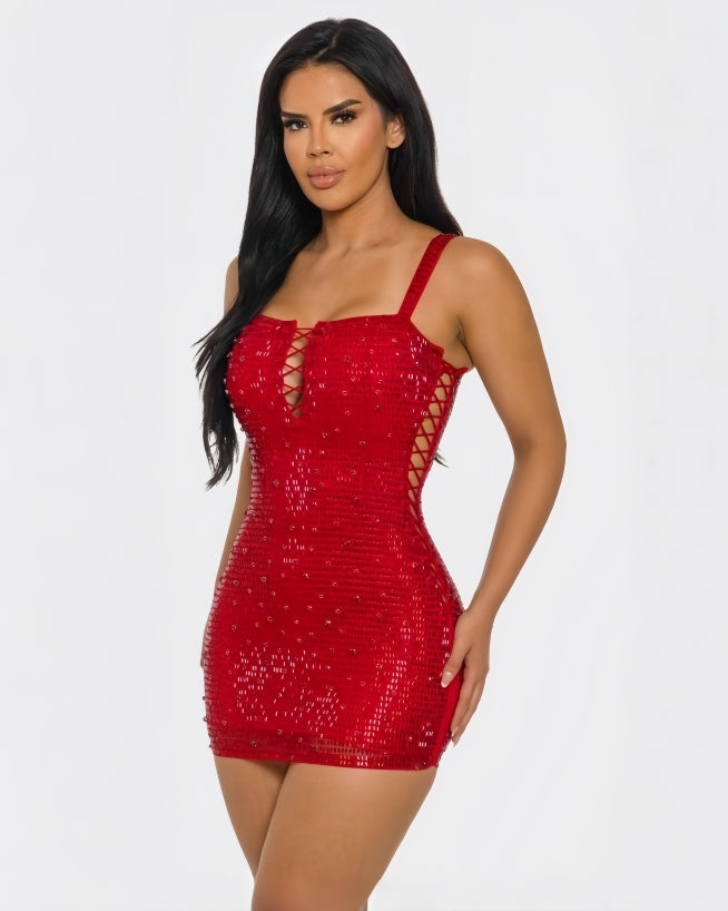 Red Embellished Lace-Up Mini Dress – Bodycon Party Dress