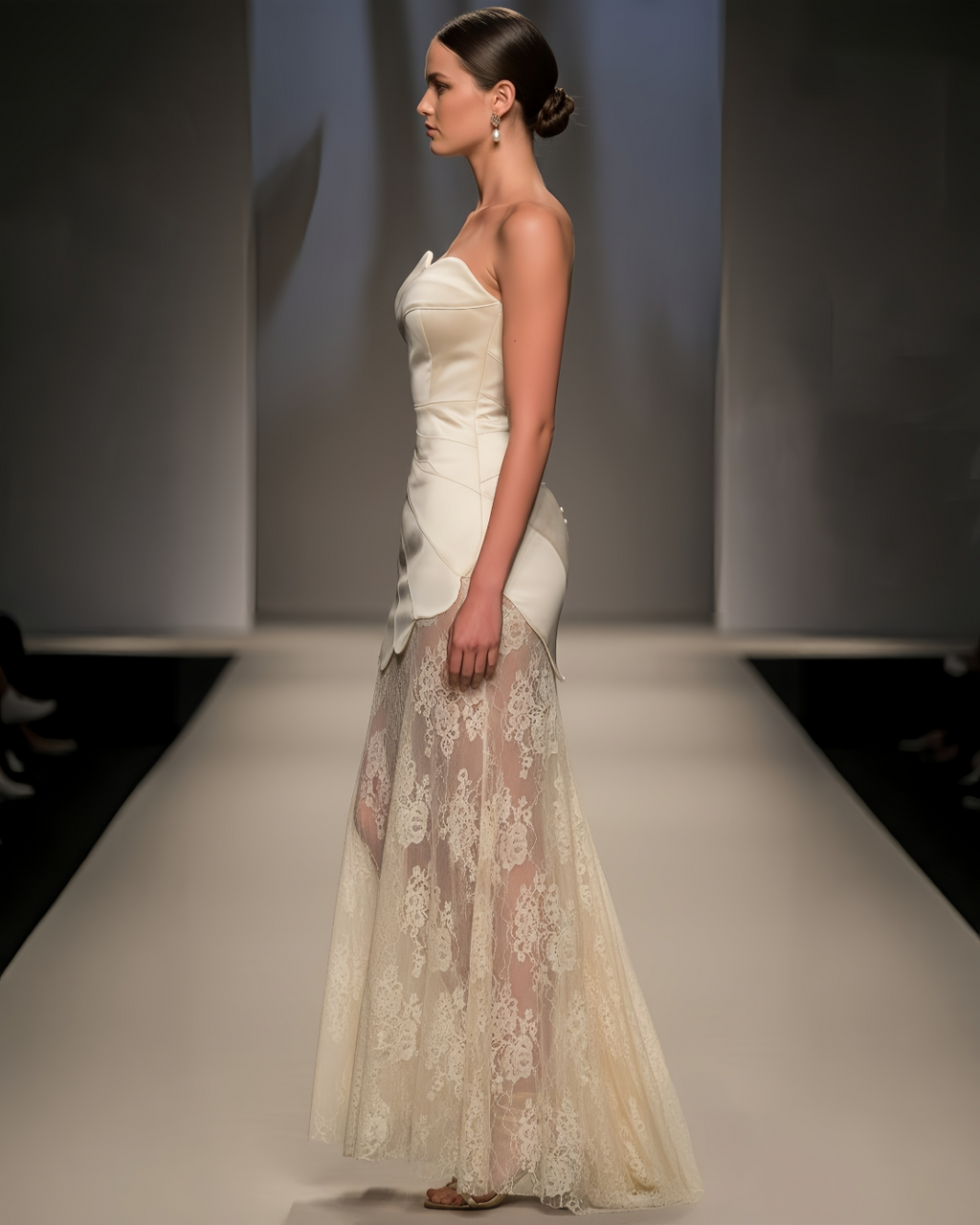 Elegant Ivory Strapless Maxi Dress with Lace Skirt