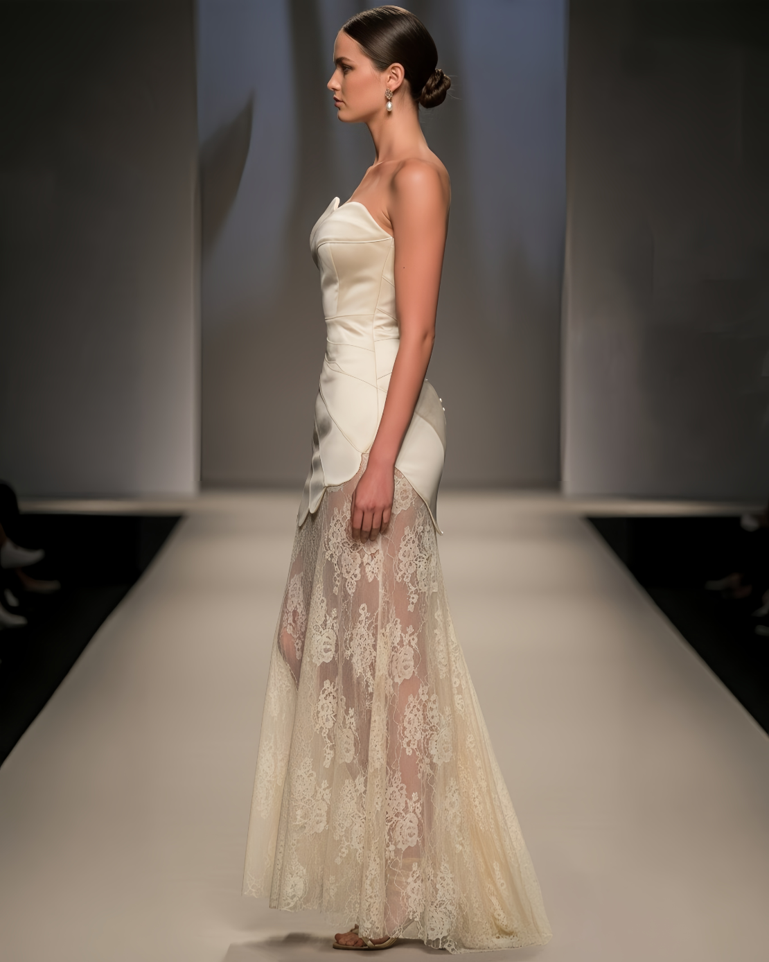 Elegant Ivory Strapless Maxi Dress with Lace Skirt