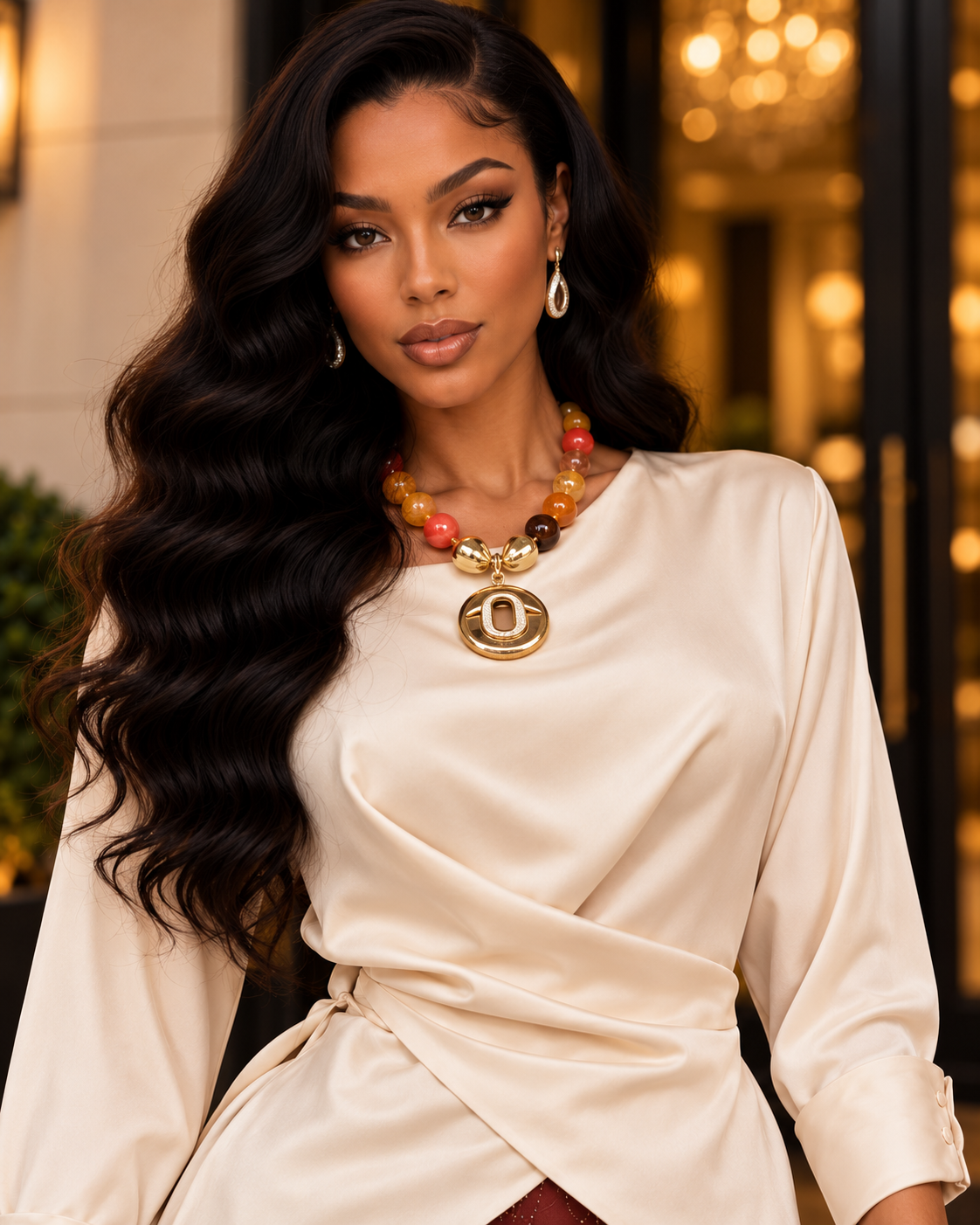 Ivory Satin Draped Wrap Blouse – Elegant Long Sleeve Top