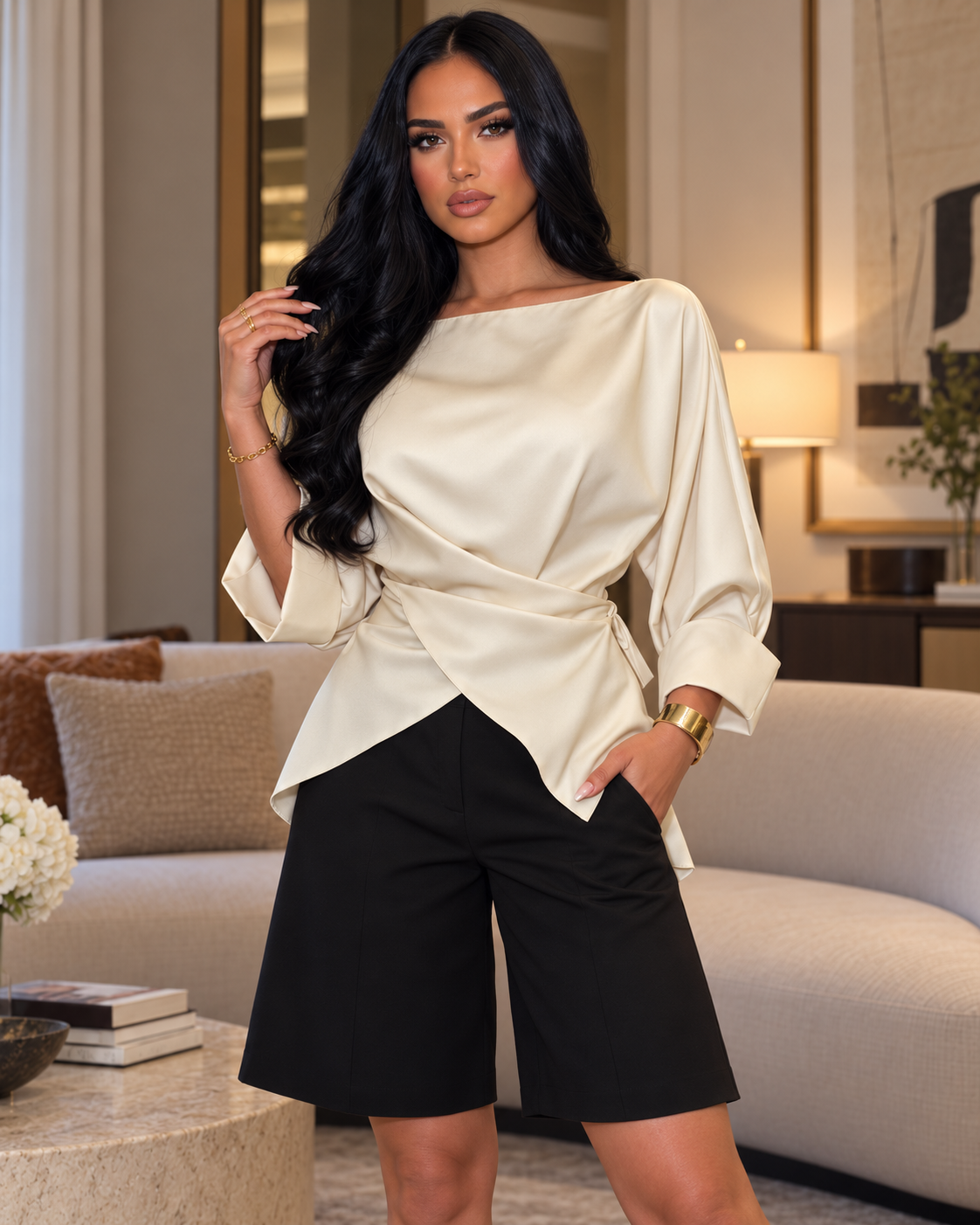 Ivory Satin Draped Wrap Blouse – Elegant Long Sleeve Top