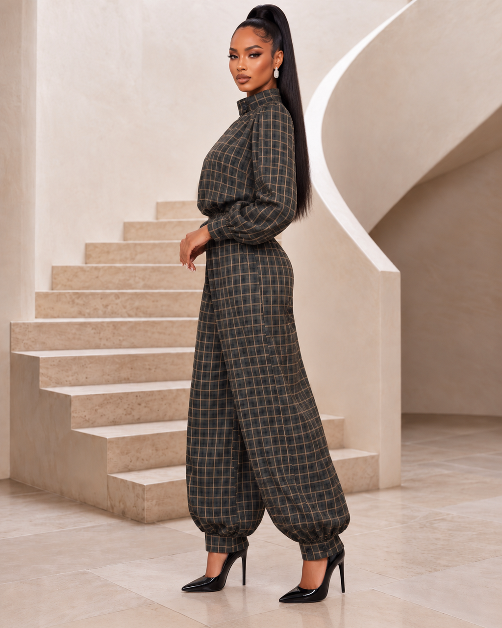 Charcoal Plaid High-Neck Blouse & Balloon Pants Set