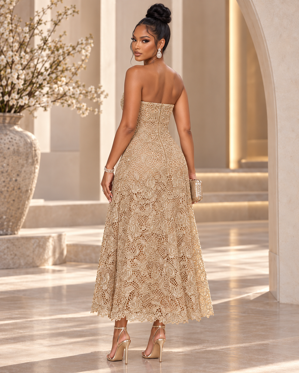 Blush & Gold Embroidered Evening Dress