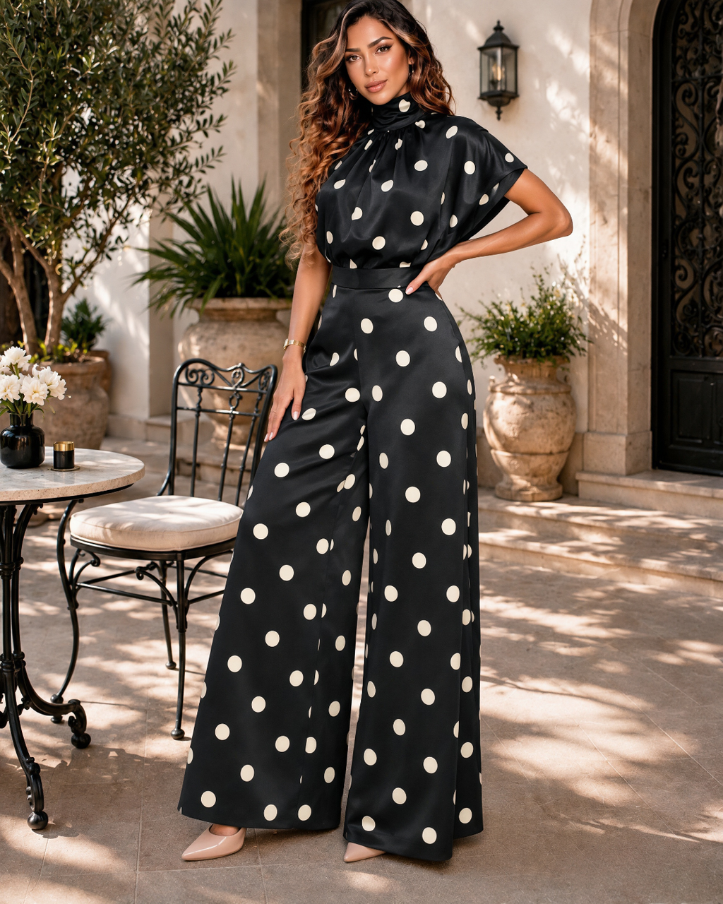 Midnight Polka Dot Palazzo Pant Set