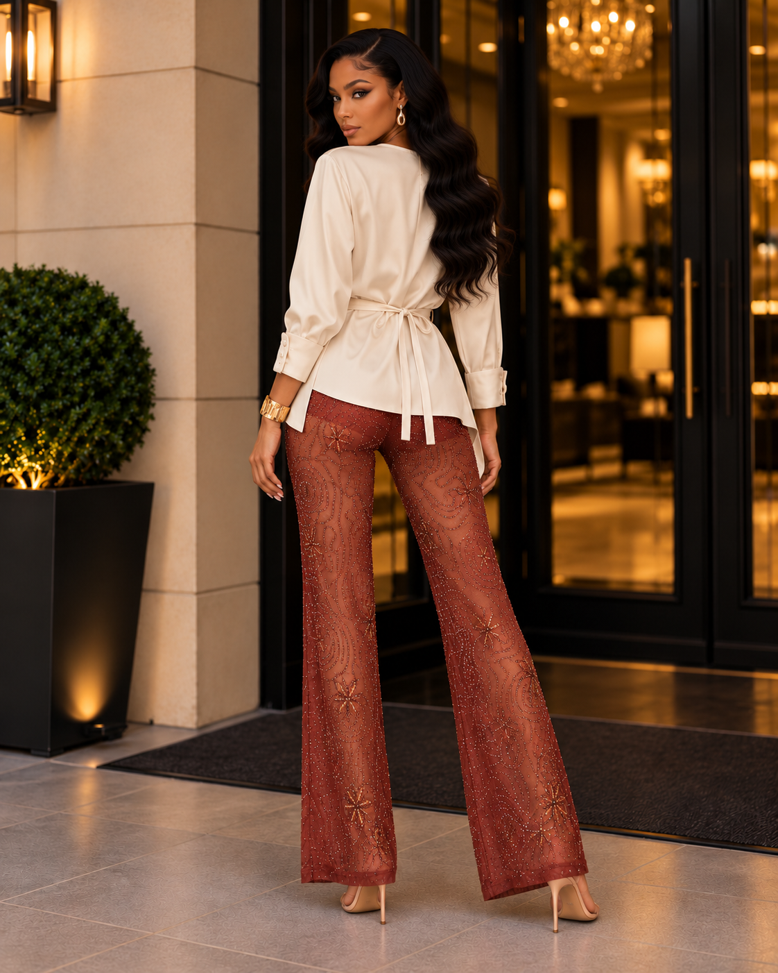 Ivory Satin Draped Wrap Blouse – Elegant Long Sleeve Top