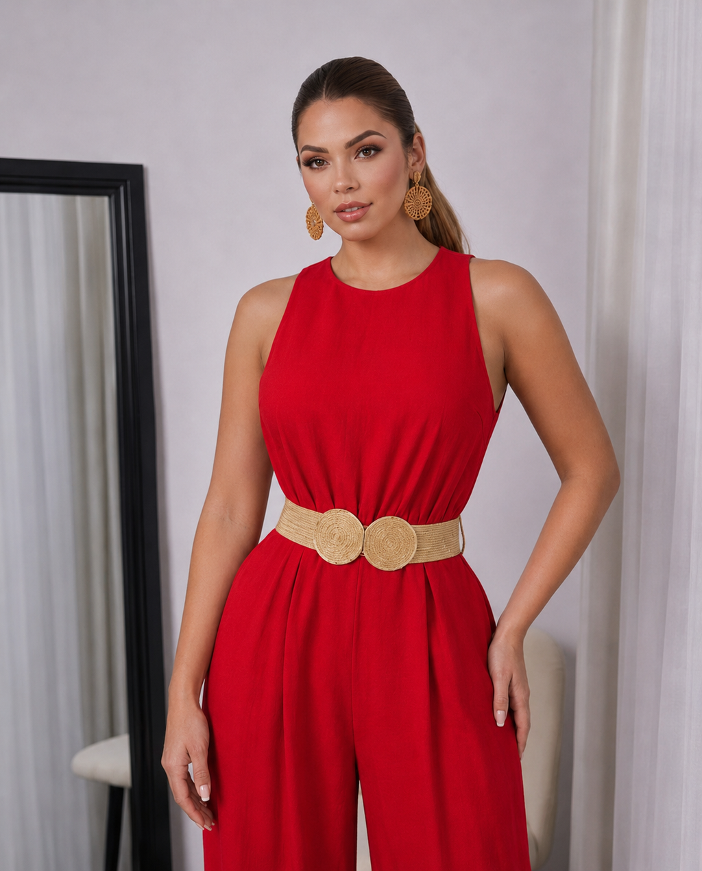 Red Sleeveless Wide-Leg Jumpsuit with Raffia Stretch Belt