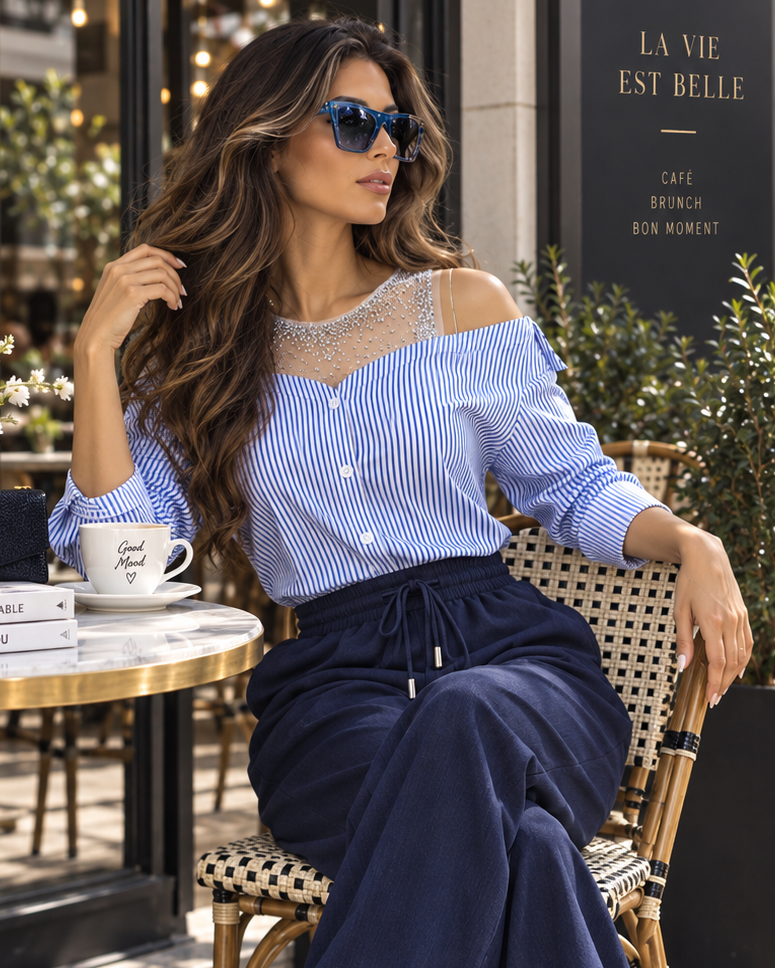 Pin Striped Muse Modern Rhinestone Shirt