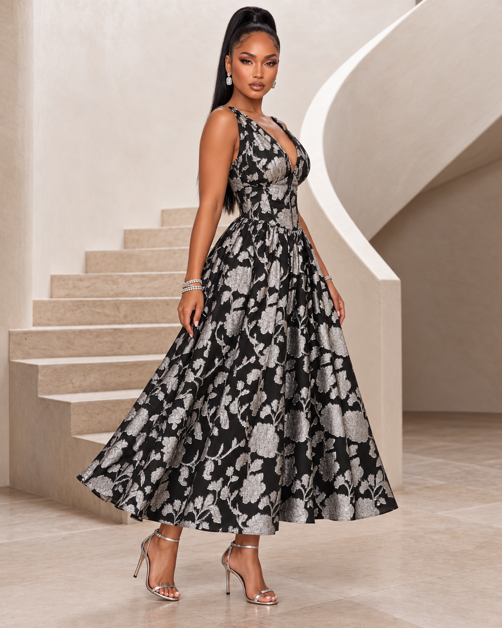 Midnight Silver Garden Organza Midi Dress