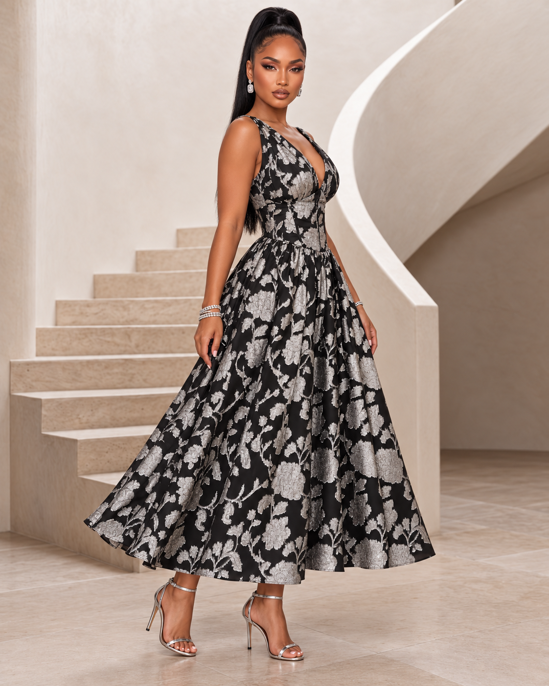 Midnight Silver Garden Organza Midi Dress