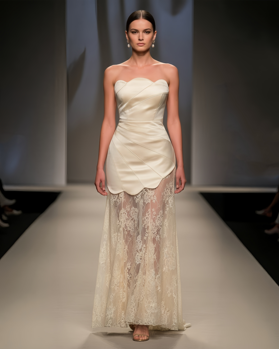 Elegant Ivory Strapless Maxi Dress with Lace Skirt