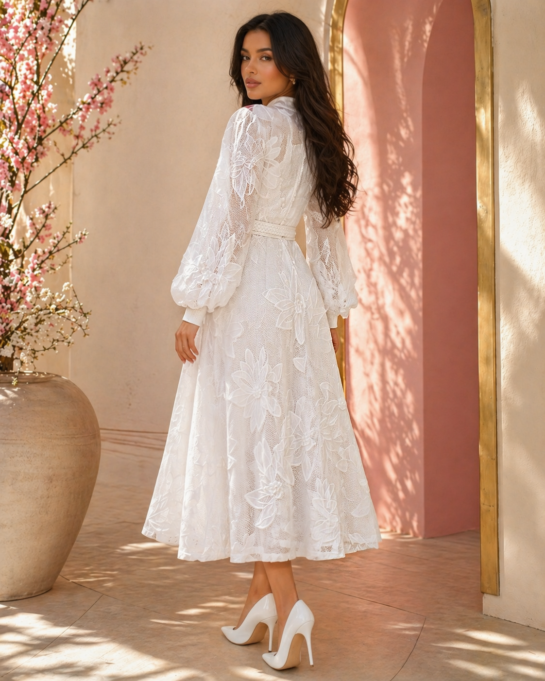 Ethereal White Floral Embroidered Mesh Midi Dress - No Stretch Embroidered Mesh For Elegant Events