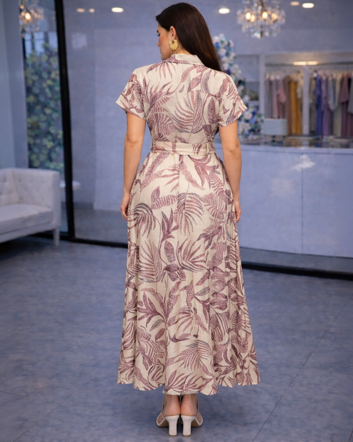 Luxe Boutique Cream And Mauve Leaf Print Midi Dress - Button Front With Waist Tie For Flattering Fit