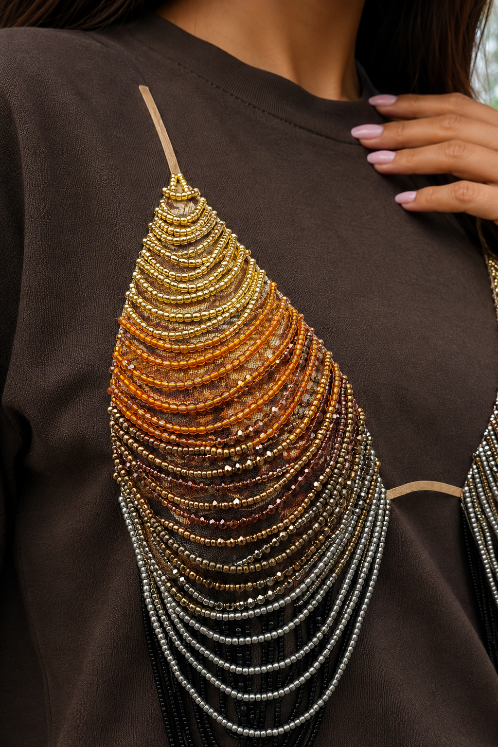 Brown Oversized Cotton Tee with Hand-Beaded Statement Design