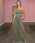 Olive Denim Strapless Top & Wide Leg Pants Set – Two Piece Chic Outfit