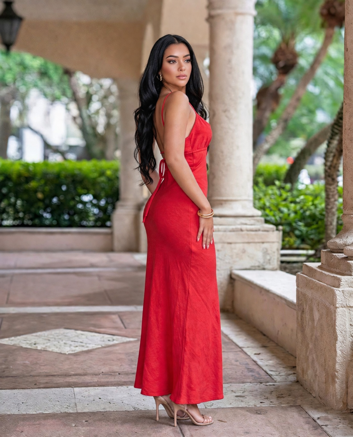 Scarlet Red Linen Backless Maxi Dress