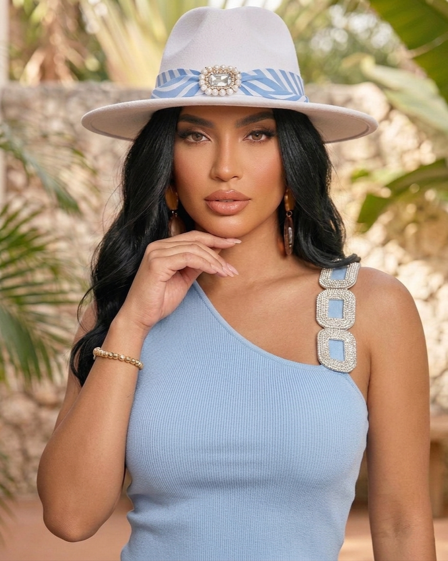 Sky Blue One Shoulder Ribbed Top with Rhinestone Strap – Resort Chic Statement Top