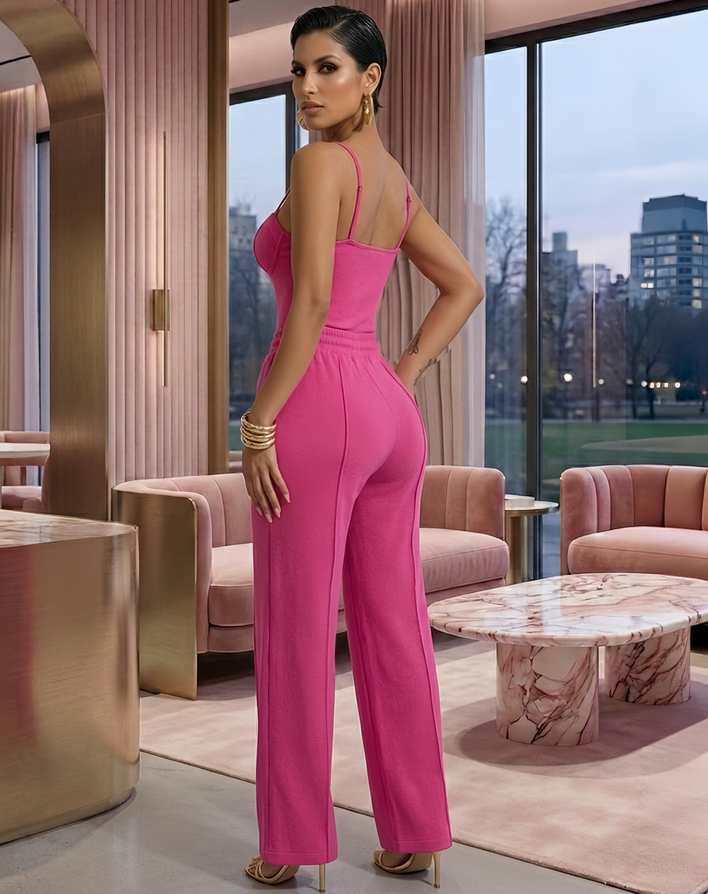 Body Sculpted Pant Set Hot Pink 100 Percent Polyester Stretch Loungewear For Comfortable Fit