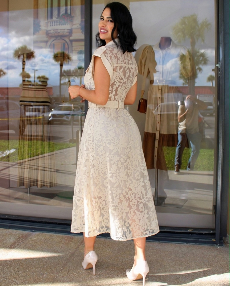 Ivory Lace Belted Midi Shirt Dress – Elegant Button Front Dress with Waist Belt