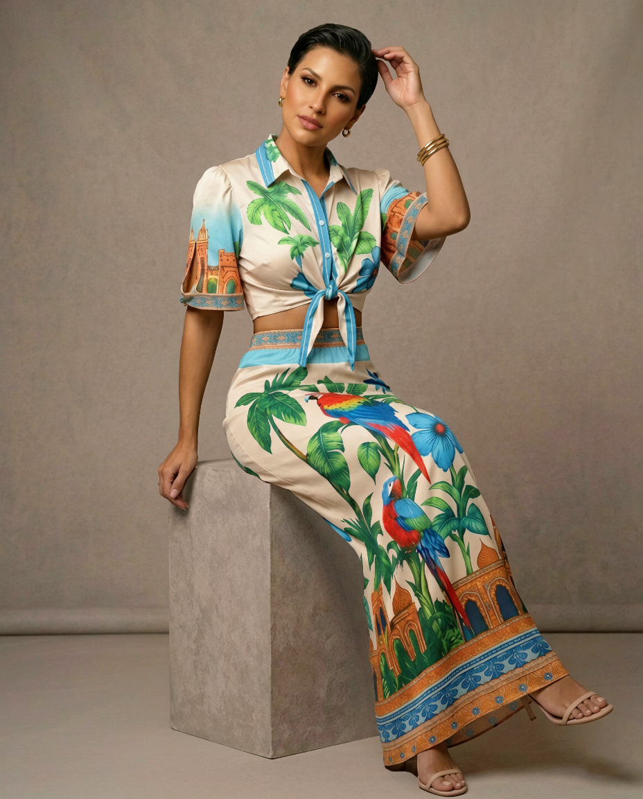 Tropical Print Crop Top & Maxi Skirt Set – Parrot Print Resort Outfit