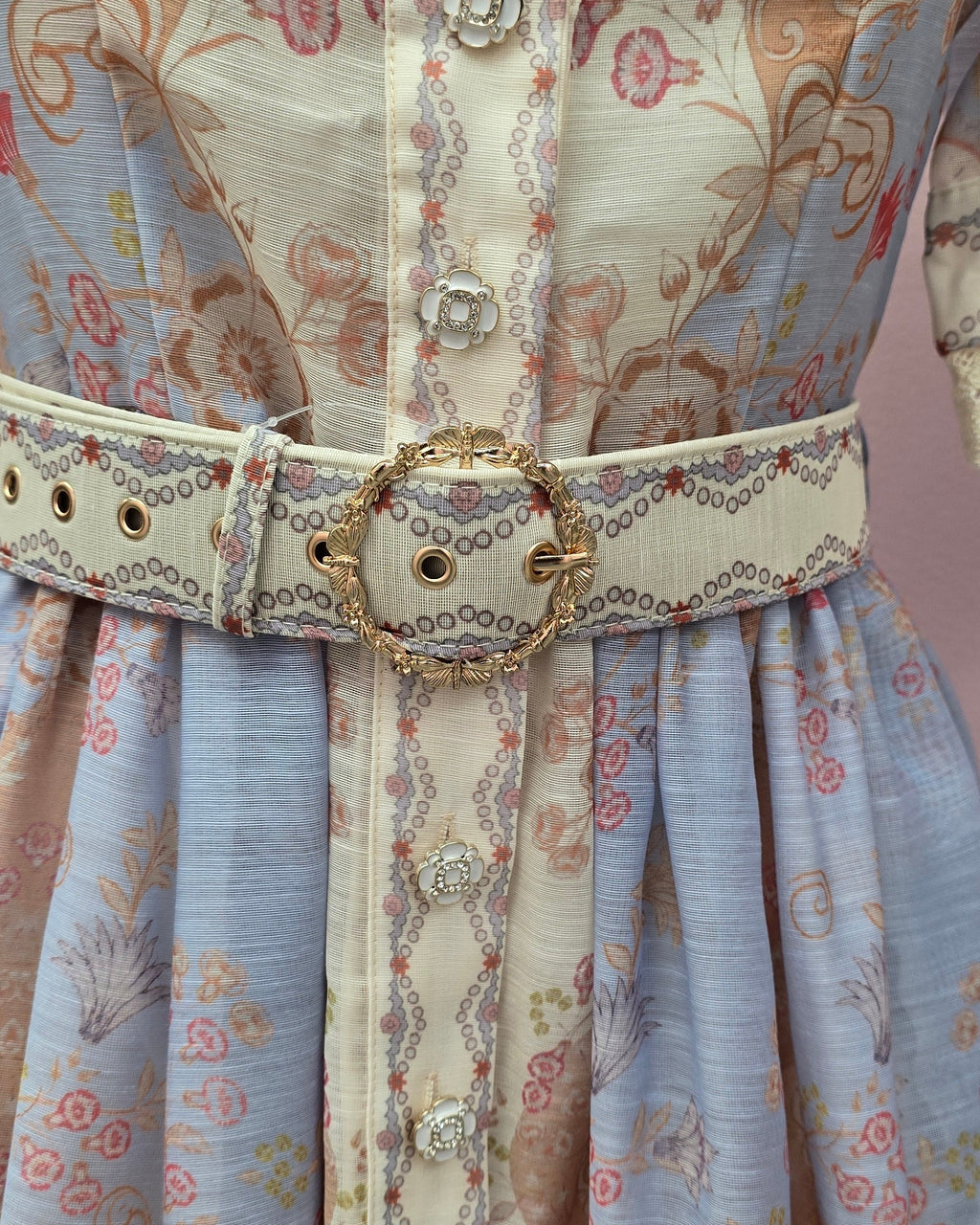 Vintage Style Printed Dress with Belt – Blue Beige Chic Mini Dress