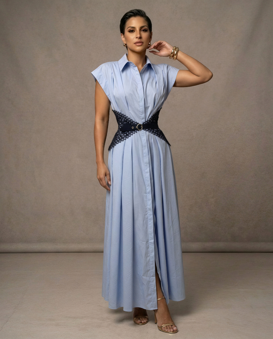 Monaco Bleu Shirt Maxi Dress – Sculpted Waist Corset Belt Dress