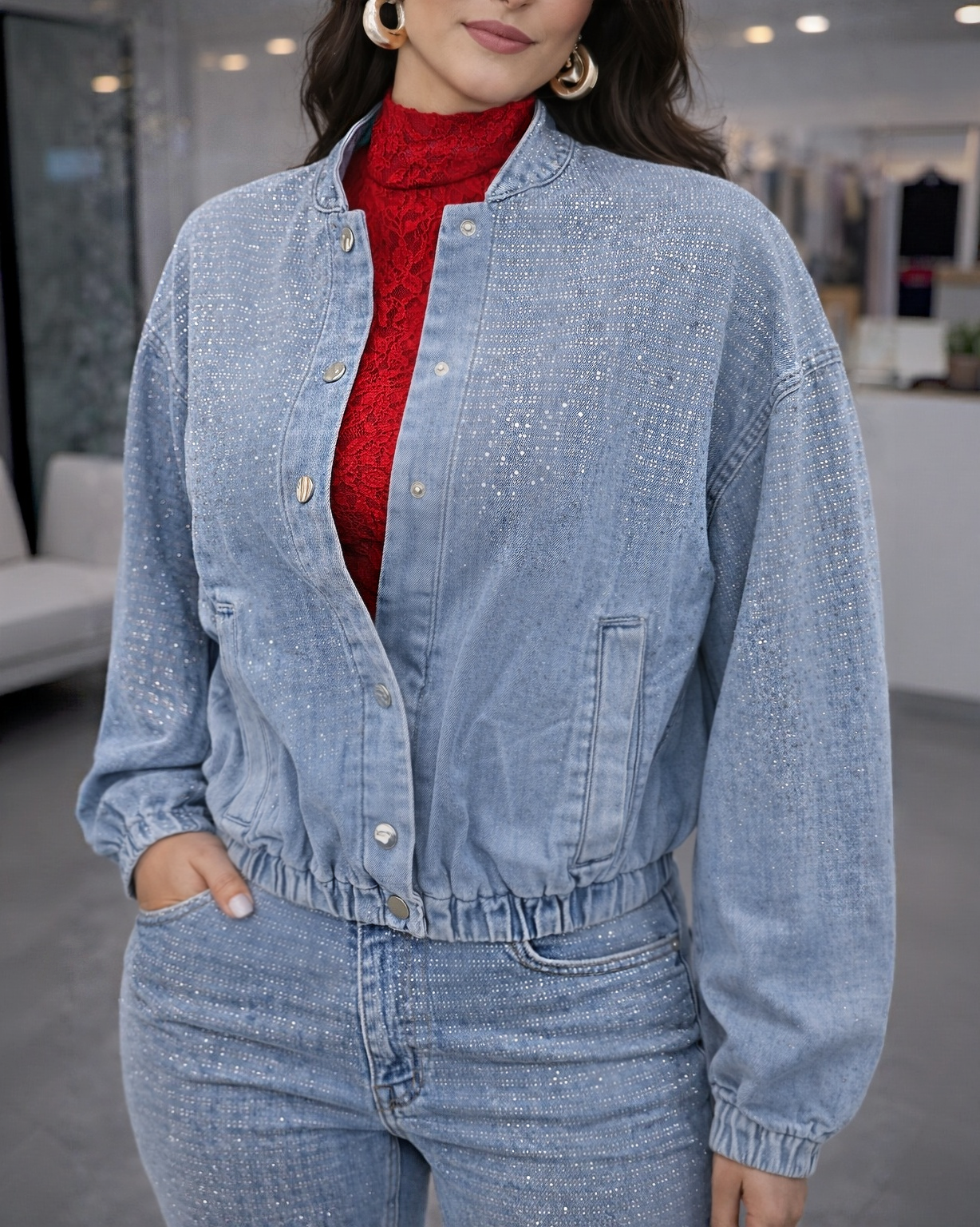 Parisian Rhinestone Embellished Bomber Jacket Light Denim - Nonstretch Polyester Cotton Blend For Comfortable Style